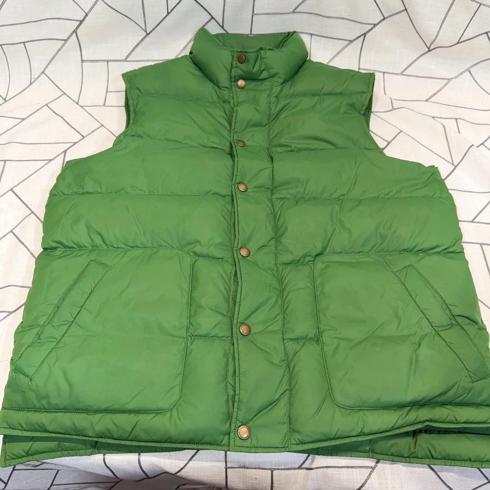 Lands' End Puffer Vest L Green Quilted Snap Front Sleeveless‎ Jacket Outerwear